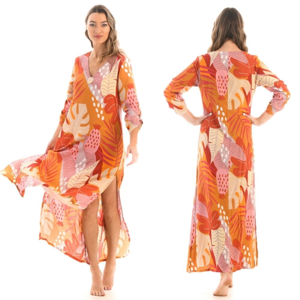 WALKER & WADE Seychelles Kaftan In Citrus Tropical XS.